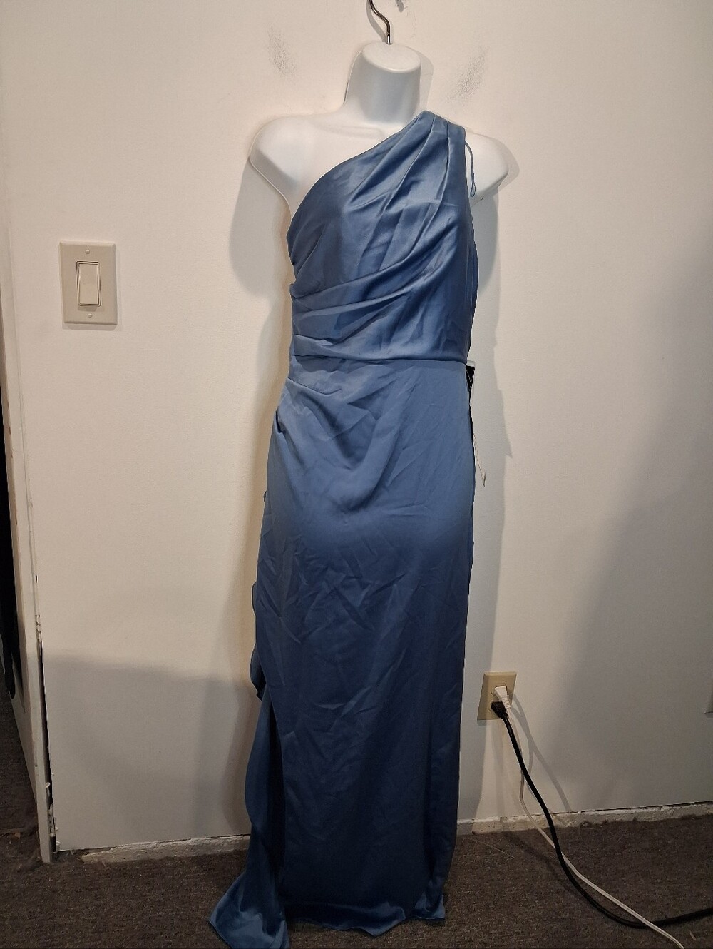 New Adrianna Papell Size 10 One Shoulder Ruffle Crepe Gown In French Blue